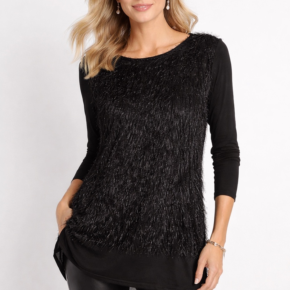 Chico’s Black‎ Fringe Tunic Top Size 12 Shimmer Textured Evening Stretch